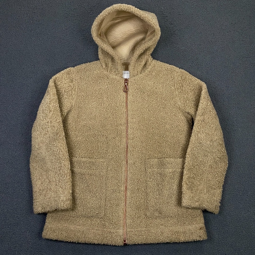 Sandro Jacket Womens 36, US 4 Tan Teddy Bear Faux Fur High Pile Full Zip Hooded